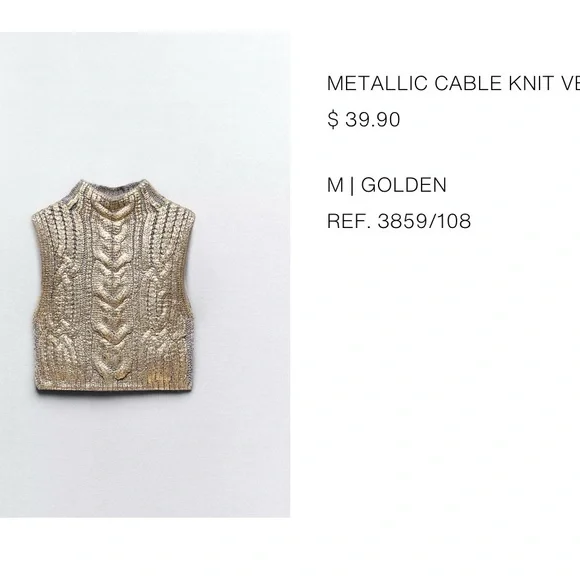 Zara NWT Cable Knit Sweater Vest Special Foil Print Finish Golden Metallic Sz M - Picture 7 of 9